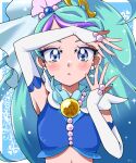  1girl blue_eyes blue_hair blush bridal_gauntlets cure_mermaid earrings elbow_gloves gloves go!_princess_precure highres jewelry kaidou_minami long_hair magical_girl multicolored_hair ofutonnnineko ponytail precure purple_hair shell shell_earrings solo two-tone_hair white_gloves 