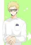  1boy blonde_hair brown_eyes character_doll glasses green_background haikyuu!! highres long_sleeves looking_at_viewer male_focus pocket shirt solo starry_background tomopiko_1224 tsukishima_kei upper_body white_shirt 