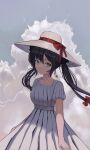  1girl black_bow bow choker closed_mouth clouds cloudy_sky dress genshin_impact green_eyes hat hat_ribbon looking_at_viewer mona_(genshin_impact) moth1 puffy_short_sleeves puffy_sleeves purple_hair red_bow red_ribbon ribbon short_sleeves sky solo straw_hat upper_body white_choker white_dress 