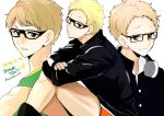  1boy black_jacket blonde_hair dated feet_out_of_frame gakuran glasses haikyuu!! headphones highres jacket karasuno_volleyball_uniform long_sleeves looking_at_viewer male_focus parted_lips school_uniform shirt short_sleeves sitting solo sportswear tomopiko_1224 tsukishima_kei upper_body volleyball_uniform 