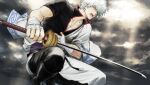  1boy bandaged_arm bandaged_hand bandages bangs black_footwear black_pants black_shirt boots clouds cloudy_sky collarbone gintama hadanugi_dousa hair_between_eyes hand_on_own_stomach highres holding holding_sword holding_weapon japanese_clothes katana kimono looking_away male_focus open_mouth outdoors pants red_eyes sakata_gintoki shirt short_sleeves sky solo squatting sword uraki_(tetsu420) weapon white_hair white_kimono 