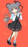  1girl animal animal_ears basket black_dress black_footwear blue_capelet blush capelet dress grey_hair highres jewelry long_sleeves mouse mouse_ears mouse_tail nazrin one-hour_drawing_challenge parted_lips pendant ramudia_(lamyun) red_background red_eyes shoes short_hair simple_background socks solo tail touhou white_socks 