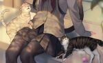  1girl animal ball black_hair black_pantyhose black_skirt blurry blurry_background blurry_foreground cardigan cat cat_tail commentary_request depth_of_field feet_out_of_frame grey_cardigan head_out_of_frame long_hair long_sleeves midorikawa_you neckerchief original pantyhose petting pleated_skirt red_neckerchief school_uniform sitting skirt sleeves_past_wrists solo tail veranda 