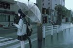  1girl animal_ears bag black_hair black_skirt blue_sailor_collar building car cat cat_ears cat_girl cat_tail clouds cloudy_sky ground_vehicle holding holding_umbrella motor_vehicle original outdoors pleated_skirt railing rain road sailor_collar sakiika0513 scenery school_bag school_uniform short_hair shoulder_bag sidelocks skirt sky solo standing tail transparent transparent_umbrella umbrella wet 