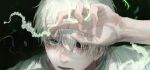  1boy absurdres bangs black_background close-up collared_shirt creature dark eyelashes fingernails ginko glowing green_eyes hair_over_eyes hand_up highres hollow_eyes looking_at_viewer male_focus mushishi one-eyed portrait shirt short_hair simple_background solo white_hair white_shirt yangshu893 