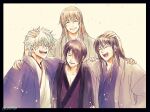  4boys :d ^_^ bangs black_border black_hair border brown_background brown_hair closed_eyes facing_viewer gintama hair_between_eyes hair_over_one_eye hand_on_another&#039;s_head highres japanese_clothes katsura_kotarou kimono long_hair long_sleeves multiple_boys open_clothes purple_kimono sakata_gintoki smile takasugi_shinsuke upper_body uraki_(tetsu420) v-shaped_eyebrows white_kimono yoshida_shouyou 