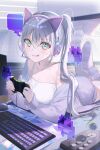  1girl :p animal_ear_headphones animal_ears blush cardigan cat_ear_headphones collarbone day fake_animal_ears green_eyes grey_hair headphones highres indoors keyboard_(computer) legs_up lying miwano_rag mouse_(computer) off_shoulder on_stomach open_cardigan open_clothes original playing_games puckered_lips purple_shorts purple_sweater shiny shiny_hair shorts socks solo sweater tank_top tongue tongue_out video_game white_socks white_tank_top 
