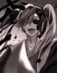  1girl aiming_at_viewer bangs black_ribbon bleach bleach:_the_thousand-year_blood_war blood blood_on_face eyepatch hair_between_eyes haori headband highres japanese_clothes kanji katana long_hair long_sleeves looking_at_viewer monochrome red_eyes ribbon saitou_furoufushi solo sword teeth tongue tongue_out twintails upper_teeth user_kcka7347 weapon white_headband 