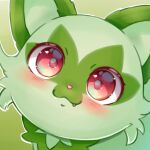  :3 blush cat close-up closed_mouth commentary english_commentary fang fang_out green_background highres looking_at_viewer no_humans pokemon pokemon_(creature) red_eyes rutorifuki simple_background solo sprigatito 