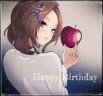  1girl apple arm_at_side artist_name assault_lily bangs blue_background brown_hair commentary food framed from_behind fruit gradient gradient_background grey_background hair_ornament hand_up happy_birthday holding holding_food holding_fruit hotaru_(ultraroly_poly) jacket jewelry long_sleeves looking_at_viewer looking_back medium_hair nakahara_mary_tomoyo outside_border parted_bangs parted_lips ring smile solo upper_body violet_eyes white_jacket 