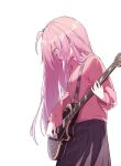  1girl absurdres black_skirt blue_eyes bocchi_the_rock! commentary_request electric_guitar gotou_hitori guitar highres holding holding_instrument instrument jacket long_hair long_sleeves looking_down mmhomm pink_hair pink_jacket red_eyes simple_background skirt solo white_background 