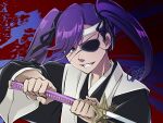  1girl bangs black_ribbon bleach bleach:_the_thousand-year_blood_war eyepatch hair_between_eyes haori highres holding holding_sword holding_weapon japanese_clothes katana long_hair long_sleeves looking_at_viewer purple_hair renmukuro10 ribbon saitou_furoufushi shinigami smile solo sword teeth twintails violet_eyes watermark weapon 