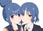  2girls bangs black_ribbon blue_hair bocchi_the_rock! cheek-to-cheek closed_mouth collared_shirt hair_bun heads_together jacket mole mole_under_eye multiple_girls neck_ribbon nekosination ribbon school_uniform shima_rin shirt short_hair simple_background single_hair_bun smile violet_eyes white_background white_shirt yamada_ryou yellow_eyes yurucamp 