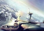  2girls above_clouds aircraft airplane black_hair brown_eyes brown_hair clouds flying headset highres itodome mountain mountainous_horizon multiple_girls open_mouth original pilot propeller river scenery smile submerged water 