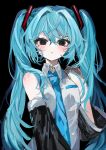  1girl @_@ absurdres black_background black_eyes black_sleeves blue_hair blue_necktie blush closed_mouth commentary detached_sleeves grey_shirt hair_intakes hair_ornament hatsune_miku highres looking_at_viewer necktie shirt sleeveless sleeveless_shirt solo twintails upper_body vocaloid wabun 