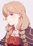 1girl aduti_momoyama bangs black_feathers bow braid brown_eyes closed_mouth collarbone eyelashes faye_(fire_emblem) feather_trim feathers fire_emblem fire_emblem_echoes:_shadows_of_valentia fire_emblem_heroes grey_background hair_between_eyes hair_bow highres light_brown_hair long_hair multiple_hair_bows pink_bow simple_background smile solo twin_braids twintails upper_body