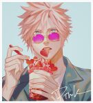  1boy alternate_costume aqua_eyes blue_background boooshow border cloud_strife collared_shirt colored_eyelashes cup earrings eating final_fantasy final_fantasy_vii final_fantasy_vii_remake food food_in_mouth fruit glasses grey_shirt hair_between_eyes holding holding_cup jewelry long_sleeves looking_at_viewer male_focus parfait parted_lips pink-tinted_eyewear shirt short_hair single_earring solo spiky_hair strawberry tinted_eyewear upper_body 