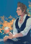 1boy artist_name black_vest brown_hair collared_shirt cup final_fantasy final_fantasy_xv glasses green_eyes hair_slicked_back hand_on_own_knee hinoe_(dd_works) holding holding_cup ignis_scientia jewelry male_focus necklace open_collar shirt short_hair sideburns sitting sleeves_rolled_up smile solo upper_body vest waistcoat white_shirt