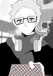  1boy blush english_text gift glasses greyscale haikyuu!! headphones highres holding holding_gift looking_at_viewer male_focus monochrome outdoors short_hair solo spot_color standing tomopiko_1224 tsukishima_kei upper_body 