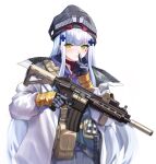  1girl 1z10 ammunition_pouch assault_rifle bangs beanie commentary_request eotech facial_mark finger_to_mouth girls&#039;_frontline_neural_cloud girls_frontline gloves green_eyes gun h&amp;k_hk416 hair_ornament hat highres hk416_(girls&#039;_frontline) jacket long_hair looking_at_viewer open_clothes open_jacket pouch rifle shushing simple_background solo suppressor trigger_discipline upper_body vertical_foregrip weapon white_background white_hair white_jacket 