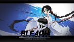  1girl absurdres bangs black_eyes black_hair bleach bleach:_the_thousand-year_blood_war braid breasts copyright_name glasses hand_on_own_chin haori her_story highres japanese_clothes katori_batsuunsai large_breasts long_hair long_sleeves looking_at_viewer naginata obi polearm ponytail sash shinigami solo weapon 