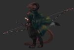  1girl black_pants bow_(weapon) breasts coat dragon dragon_girl from_side full_body furry furry_female green_coat grey_background kmbk looking_away multiple_swords original pants profile red_tabard simple_background solo standing tabard toeless_footwear weapon 