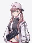  1girl absurdres alternate_hairstyle aqua_eyes ar-57_(girls&#039;_frontline) bangs baseball_cap black_shirt blush breasts closed_mouth commentary crop_top ear_piercing girls_frontline hat highres jacket lithographica long_hair long_sleeves looking_at_viewer medium_breasts open_clothes open_jacket piercing pink_hair shirt solo twintails upper_body white_background white_headwear white_jacket 
