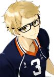  1boy black_shirt blonde_hair brown_eyes glasses haikyuu!! highres karasuno_volleyball_uniform looking_at_viewer male_focus shirt short_sleeves smile solo sportswear tomopiko_1224 tsukishima_kei upper_body volleyball_uniform 