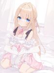  1girl absurdres bangs bare_shoulders bed blonde_hair blue_eyes blush breasts buran_buta commission dress hair_ornament hairclip highres indie_virtual_youtuber long_hair looking_at_viewer pink_dress second-party_source sitting small_breasts socks solo virtual_youtuber white_socks yukinoshita_peo 