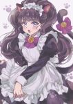  1girl animal_ears apron bangs black_hair blue_eyes blunt_bangs bow cat_ears cat_girl cat_tail delicious_party_precure highres juliet_sleeves kasai_amane long_sleeves maid maid_apron maid_headdress meguru_(dagmin) open_mouth precure puffy_sleeves purple_bow solo tail 