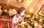  1girl antenna_hair blush brown_hair christmas_ornaments christmas_tree collarbone dress dutch_angle fur-trimmed_jacket fur_trim idolmaster idolmaster_cinderella_girls idolmaster_cinderella_girls_starlight_stage indoors jacket lens_flare long_hair looking_at_viewer neck_ribbon official_art on_ladder pink_dress red_eyes ribbon sitting smile solo sparkle straight_hair tsujino_akari very_long_hair wooden_ladder 