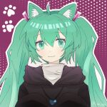  ahoge animal_ears bangs black_hoodie cat_ears cat_girl closed_mouth commentary green_eyes green_hair hair_between_eyes hatsune_miku heart heart_necklace highres hood hoodie jewelry lde_npa long_hair long_sleeves looking_at_viewer necklace paw_print portrait shirt smile solo twintails vocaloid white_shirt 