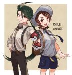  2girls ahoge bangs bright_pupils brown_eyes brown_pants character_name closed_mouth collared_shirt commentary_request green_hair grey_headwear hair_between_eyes hat highres holding holding_poke_ball juliana_(pokemon) long_hair multiple_girls necktie pants poke_ball poke_ball_(basic) pokemon pokemon_(game) pokemon_sv ponytail reverse_trap rika_(pokemon) shirt shorts suspenders wednesday_108 white_pupils 