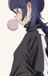  1girl black_shirt blue_eyes blue_hair bubble_blowing chewing_gum commentary dark_blue_hair from_side hoshino_ichika_(project_sekai) long_sleeves looking_away looking_down mgc52003625 profile project_sekai shirt simple_background solo turtleneck upper_body 