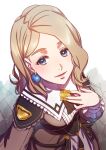  1girl aduti_momoyama blonde_hair blue_eyes breasts center_frills earrings eyelashes fingernails fire_emblem fire_emblem:_three_houses fire_emblem_warriors:_three_hopes frills from_above hand_on_own_chest hand_up highres jewelry looking_to_the_side medium_breasts medium_hair mercedes_von_martritz open_mouth pink_lips smile solo turtleneck 