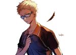  1boy blonde_hair brown_eyes collared_shirt feathers fumiko_(throughx2) glasses haikyuu!! karasuno_volleyball_uniform male_focus shirt short_hair short_sleeves solo sportswear tsukishima_kei volleyball_uniform 