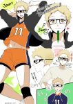  1boy blonde_hair brown_eyes cup disposable_cup drinking_straw english_text feet_out_of_frame glasses haikyuu!! highres karasuno_volleyball_uniform long_sleeves looking_at_viewer male_focus navel open_mouth orange_shirt orange_shorts shirt short_sleeves shorts smile solo sportswear standing t-shirt teeth tomopiko_1224 translation_request tsukishima_kei upper_body volleyball_uniform white_shirt 