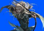  1boy absurdres aiming armor blue_background bow_(weapon) braid cape commentary drawing_bow elf eyelashes floating_clothes floating_hair hair_pulled_back half_updo highres holding holding_bow_(weapon) holding_weapon legolas long_hair long_sleeves looking_afar male_focus outstretched_arm parted_lips pointy_ears quiver side_braid simple_background solo symbol-only_commentary the_lord_of_the_rings tolkien&#039;s_legendarium upper_body weapon yangshu893 