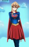 1girl arms_behind_back belt blonde_hair blue_pantyhose blue_suit blush brown_eyes cape cosplay crossover deviantart_username fanart_from_deviantart flying happy red_cape red_skirt sincity2100 sky smile supergirl supergirl_(cosplay) superhero tenjouin_asuka yu-gi-oh! yuu-gi-ou