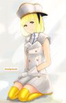  1girl absurdres bleach bleach:_the_thousand-year_blood_war blonde_hair breasts buttons dress frown gloves hat highres kneehighs liltotto_lamperd looking_at_viewer military military_hat military_uniform nellyslewds short_hair sleeveless small_breasts socks solo thigh-highs thighs uniform white_background white_gloves yellow_eyes yellow_socks zettai_ryouiki 