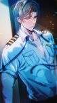  1boy artem_wing_(tears_of_themis) artist_name bangs blue_eyes brown_hair closed_mouth collared_jacket highres jacket police police_uniform ruriswhite shirt short_hair short_sleeves solo tears_of_themis uniform upper_body watermark white_jacket white_shirt 