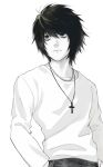  1boy bags_under_eyes black_eyes black_hair closed_mouth cross cross_necklace death_note greyscale hair_between_eyes hand_in_pocket highres jewelry l_(death_note) long_sleeves looking_to_the_side male_focus monochrome multiple_necklaces necklace no_eyebrows shirt short_hair simple_background softp3ach solo upper_body white_background white_shirt 