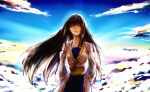 1girl black_hair breasts closed_eyes closed_mouth clouds collarbone detached_sleeves dress feet_out_of_frame gensou_suikoden highres ikunosake jewelry long_hair necklace solo viki_(suikoden)