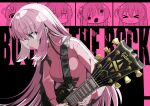  1girl bangs blue_eyes bocchi_the_rock! closed_mouth cube_hair_ornament electric_guitar gibson_les_paul gotou_hitori guitar hair_between_eyes hair_ornament hair_over_eyes highres holding holding_instrument instrument jacket long_hair music one_side_up pink_hair pink_jacket playing_instrument solo suzukou track_jacket 