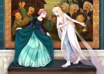  2girls anna_(frozen) bangs bare_shoulders blonde_hair blue_dress braid breasts dress elbow_gloves elsa_(frozen) flower frozen_(disney) frozen_2 full_body gloves inu0831 jewelry long_dress long_hair medium_breasts multiple_boys multiple_girls sleeveless sleeveless_dress 