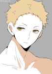  1boy blonde_hair brown_eyes collarbone expressionless grey_background haikyuu!! highres looking_at_viewer male_focus portrait simple_background solo tomopiko_1224 topless_male tsukishima_kei 