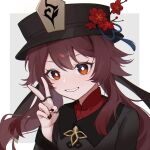  1girl :d bangs black_nails brown_hair chinese_clothes commentary_request flower genshin_impact grin hair_between_eyes hat hat_flower hat_ornament highres hu_tao_(genshin_impact) jewelry jide_xia_zi_ran long_hair long_sleeves looking_at_viewer multicolored_hair orange_eyes porkpie_hat ring sidelocks simple_background smile solo symbol-shaped_pupils two-tone_hair v 