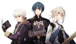  3boys armor bangs black_armor black_cape black_coat black_gloves blue_cape blue_eyes blue_hair book brown_eyes brown_gloves byleth_(fire_emblem) byleth_eisner_(male) cape coat commentary corrin_(fire_emblem) corrin_(fire_emblem)_(male) crossed_arms english_commentary fire_emblem fire_emblem:_three_houses fire_emblem_awakening fire_emblem_fates fire_emblem_heroes gauntlets gloves hair_between_eyes highres holding holding_book holding_weapon hood hood_down hooded_coat knife long_sleeves looking_at_viewer lumbbyz male_focus multiple_boys pointy_ears red_eyes robin_(fire_emblem) robin_(fire_emblem)_(male) simple_background smile sword trait_connection upper_body weapon white_background white_hair yato_(fire_emblem) 
