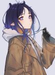  1girl black_gloves brown_coat closed_mouth coat drawstring gloves gradient_hair grey_background grey_hoodie highres holding hololive hololive_english hood hood_down hoodie long_sleeves looking_at_viewer mole mole_under_eye multicolored_hair ninomae_ina&#039;nis orange_hair orinte pointy_ears purple_hair simple_background solo tentacle_hair upper_body violet_eyes virtual_youtuber wing_collar 