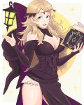  absurdres ahoge alternate_costume bare_shoulders blonde_hair blue_eyes book breasts circlet detached_collar fire_emblem fire_emblem_fates hat highres holding holding_book looking_at_viewer medium_breasts open_mouth ophelia_(fire_emblem) teeth truejekart turtleneck upper_teeth witch witch_hat 